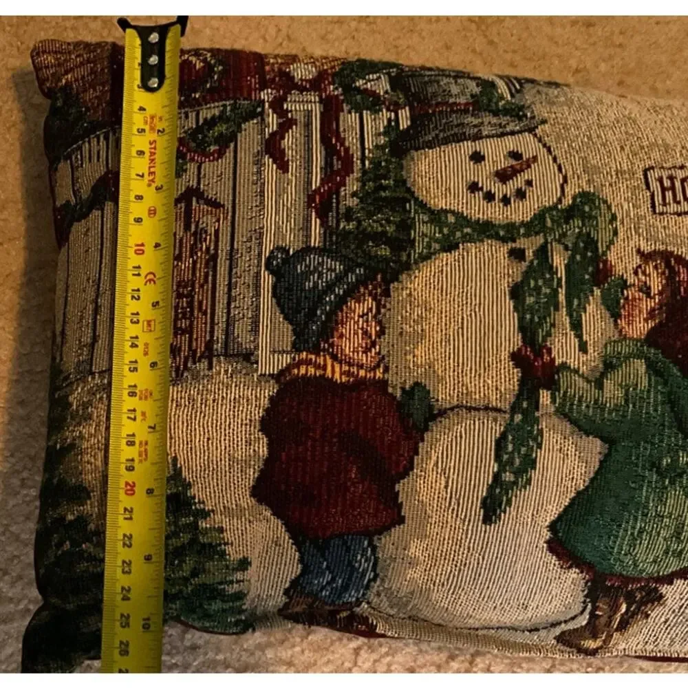 Set of 2 Winter Holiday Tapestry Deco Pillows 10X14 Snowmen & Children Burgundy